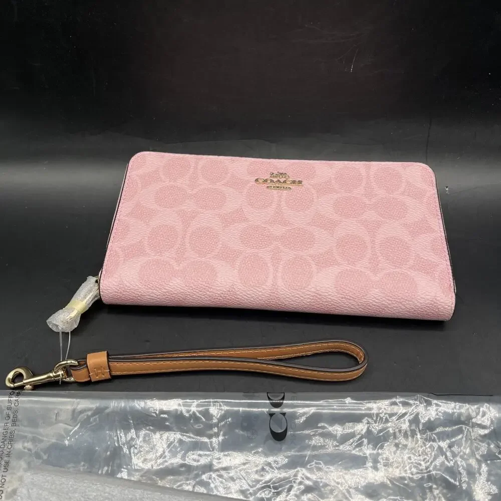Coach CEC20 Long Zip Around Wallet Signature Coated Canvas Powder Pink Wristlet